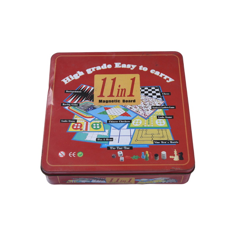 11-in-1 Magnetic Board Ludus Pone in Rubrum Metal Tin