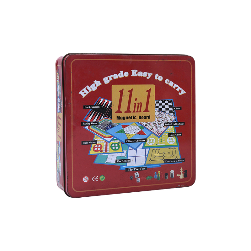 11-in-1 Magnetic Board Ludus Pone in Rubrum Metal Tin